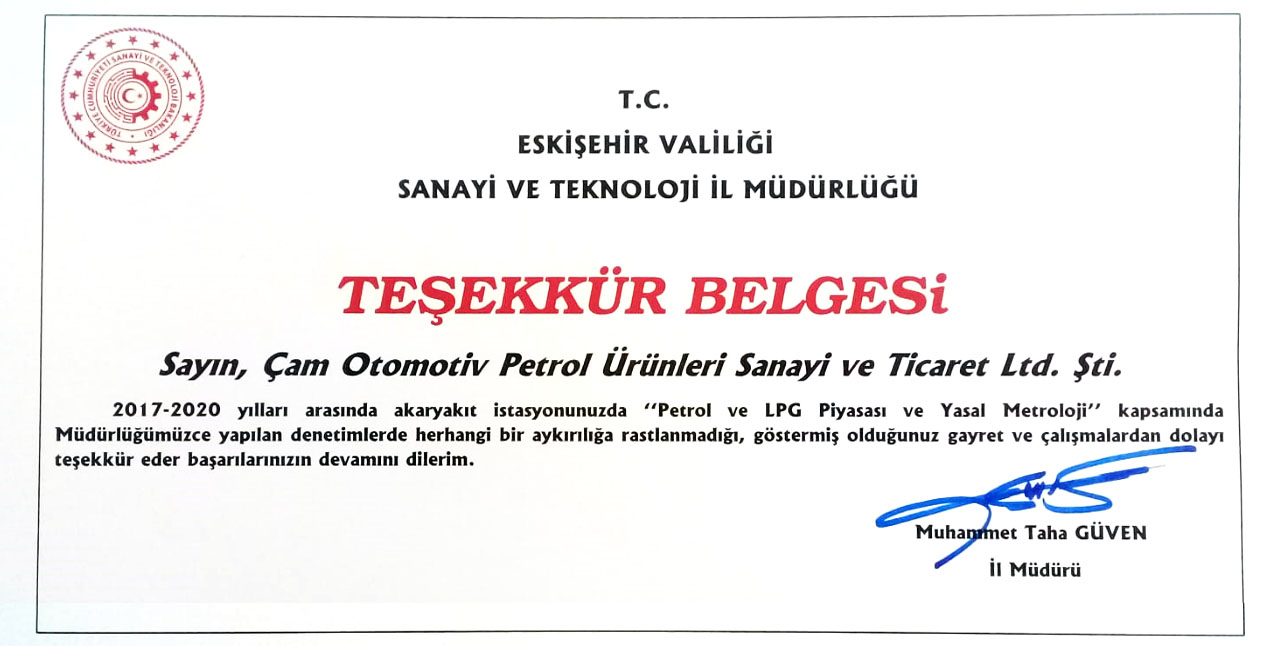 Sanayi Müdürlüğü Teşekkür Belgesi